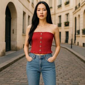 Express Scarlet Button-Front Strapless Crop Top